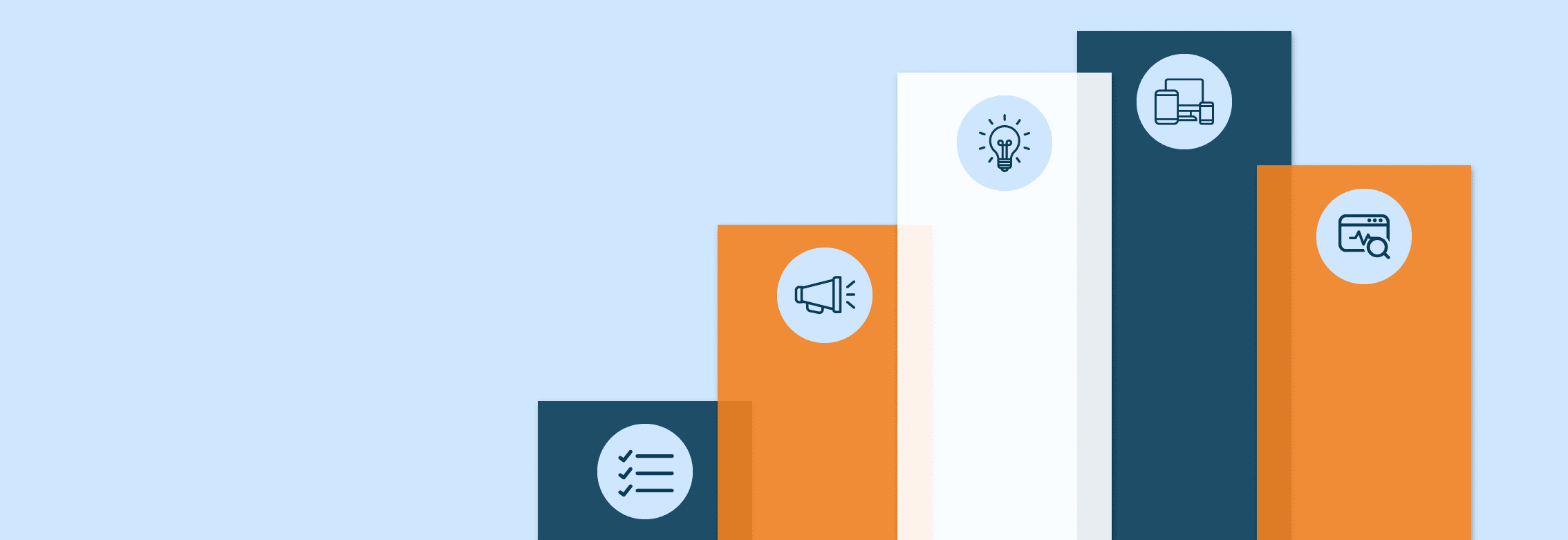 Lightly shaded bar chart with bars colored navy, orange, and white on a light blue background with small, circular icons sitting on top of each bar