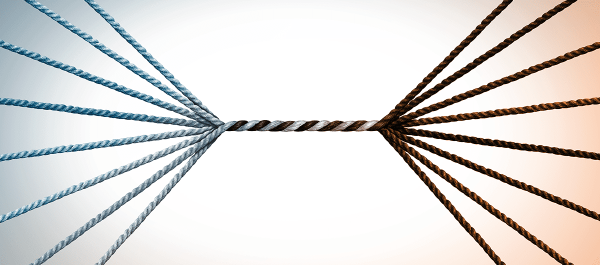 Light-colored rope on the left coming from all directions and dark-colored rope on the right coming from all directions, meeting and twisting into one in the middle