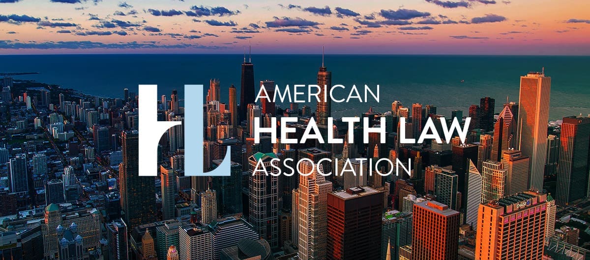 Text that reads "American Health Law Association" with their logo on the left over a city backdrop